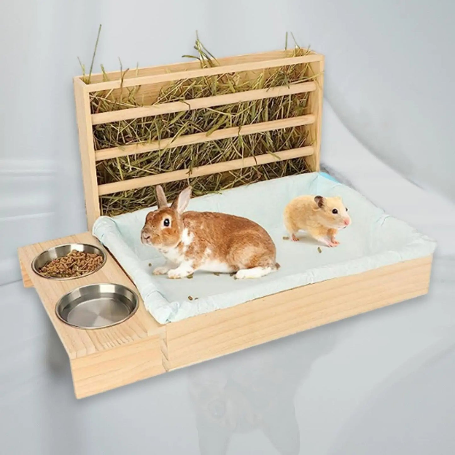 Wooden Hay Feeder with Built-In Litter Box & Bowls – All-in-One Station for Rabbits, Guinea Pigs & Small Pets