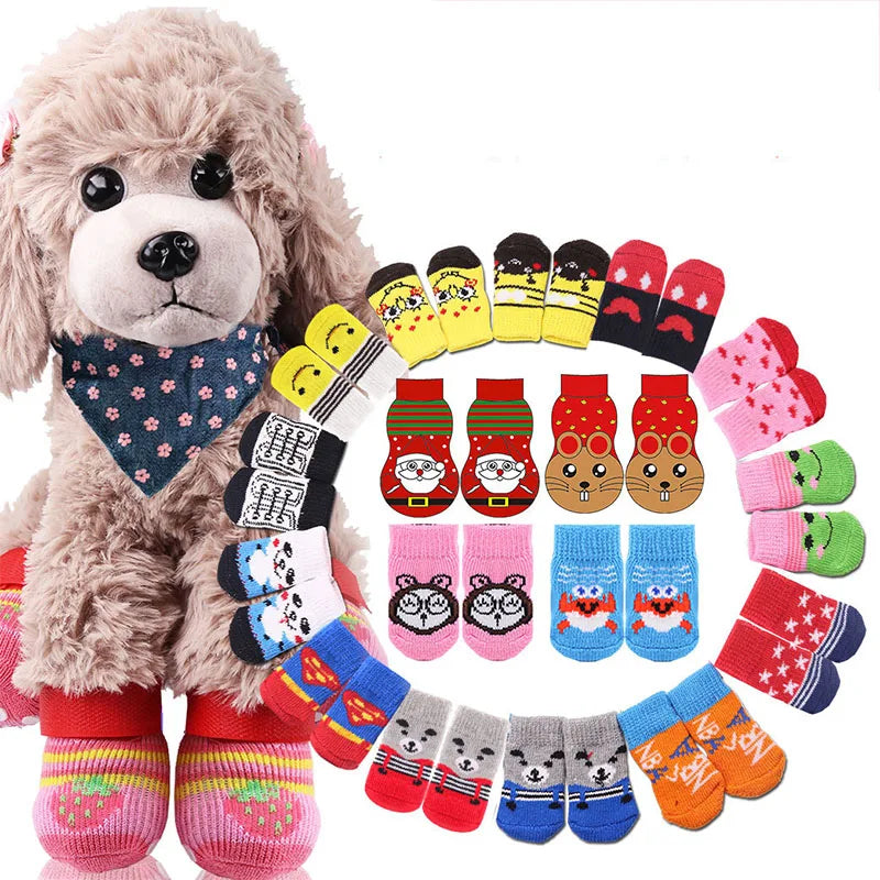 4PCS Warm Anti-Slip Dog Socks – Soft Knit Cartoon Design for Small Dogs