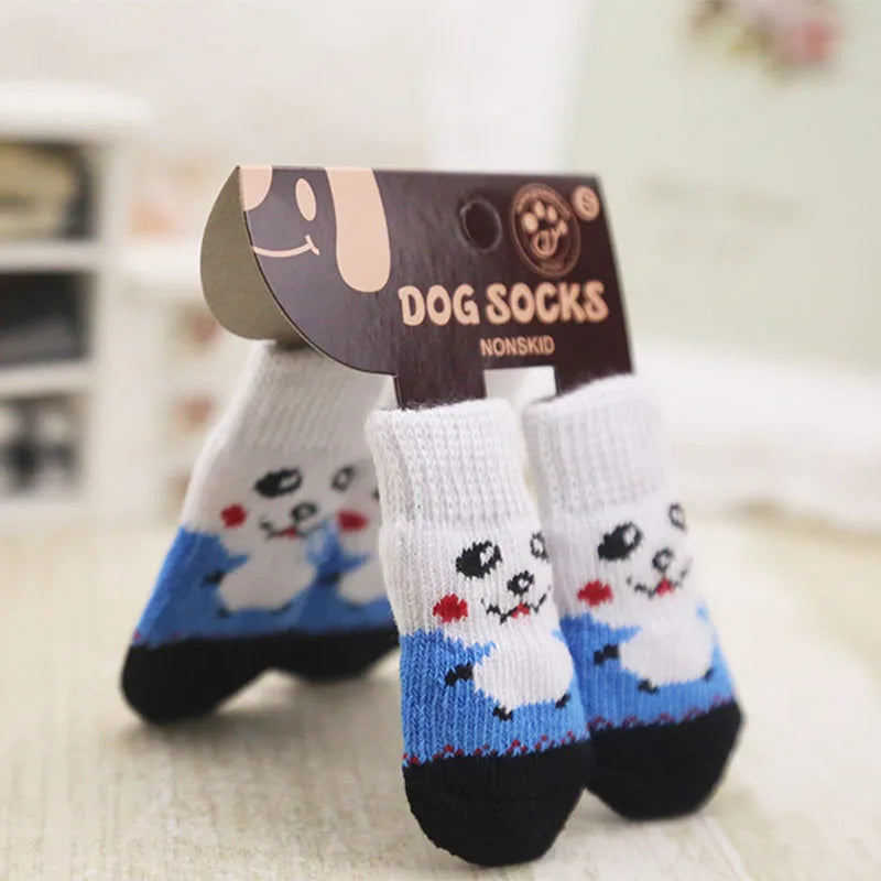 4PCS Warm Anti-Slip Dog Socks – Soft Knit Cartoon Design for Small Dogs