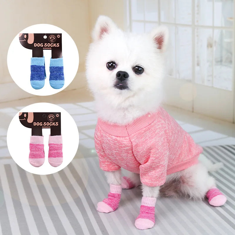 4PCS Warm Anti-Slip Dog Socks – Soft Knit Cartoon Design for Small Dogs