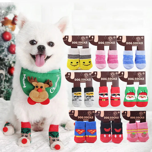 4PCS Warm Anti-Slip Dog Socks – Soft Knit Cartoon Design for Small Dogs