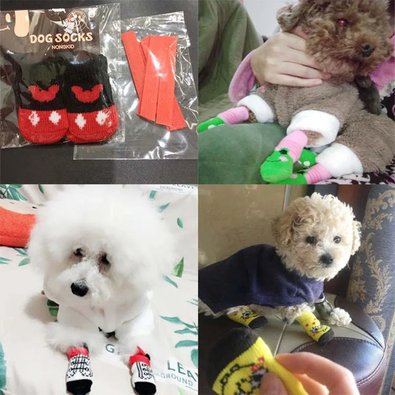 4PCS Warm Anti-Slip Dog Socks – Soft Knit Cartoon Design for Small Dogs