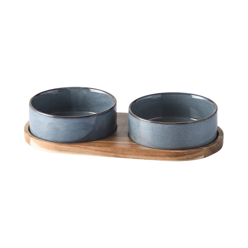 Elevated Ceramic Pet Bowls with Wooden Tray – Anti-Spill, Neck Protection, Easy to Clean Feeding Set