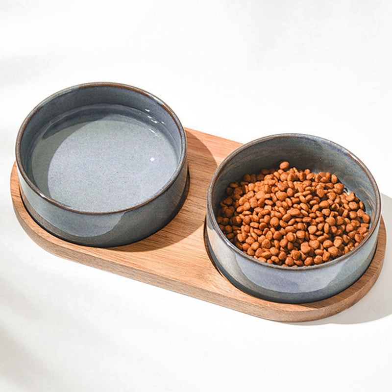 Elevated Ceramic Pet Bowls with Wooden Tray – Anti-Spill, Neck Protection, Easy to Clean Feeding Set