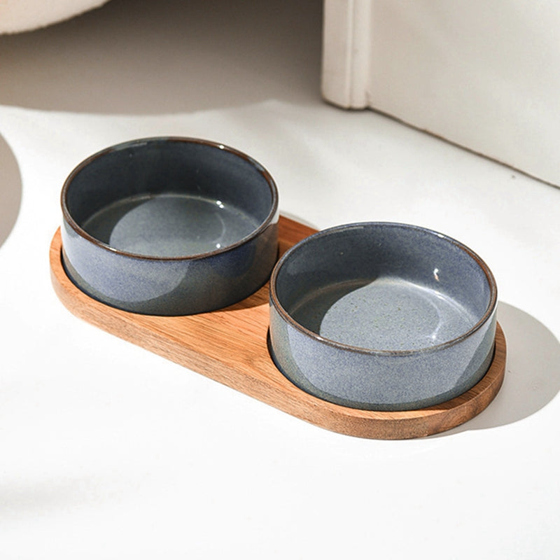 Elevated Ceramic Pet Bowls with Wooden Tray – Anti-Spill, Neck Protection, Easy to Clean Feeding Set