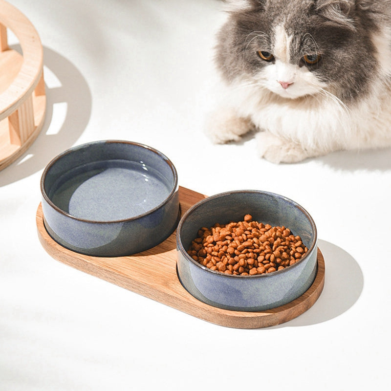 Elevated Ceramic Pet Bowls with Wooden Tray – Anti-Spill, Neck Protection, Easy to Clean Feeding Set