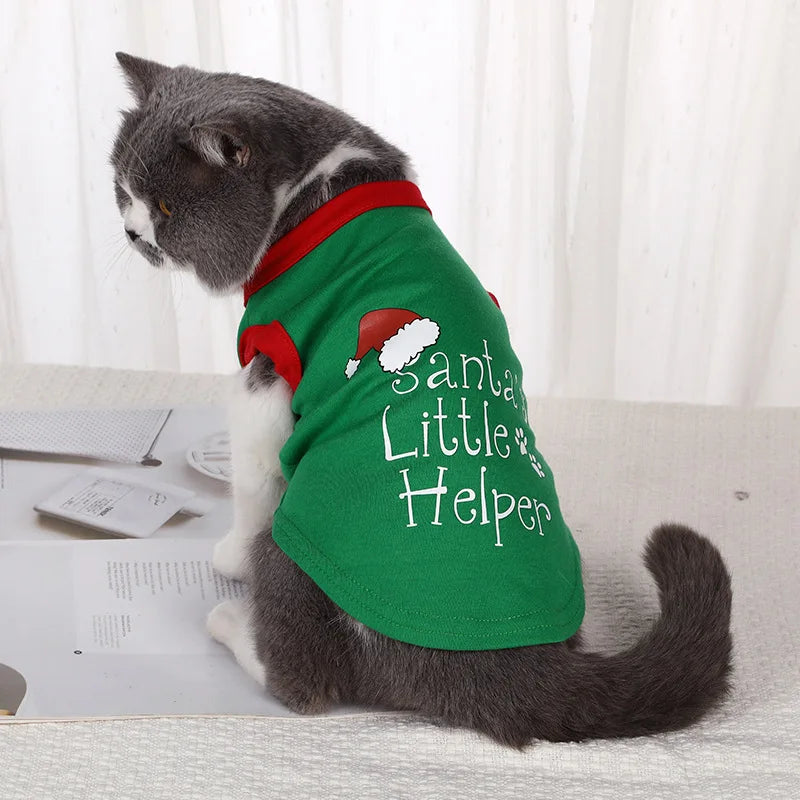 Merry Christmas Dog T-Shirt – Soft Cotton Vest for Small Dogs & Cats (Green, Red)