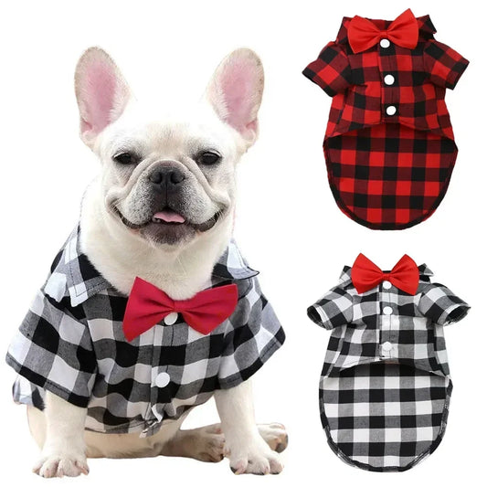 Plaid Pet Shirt with Bow Tie – Classic Summer T-Shirt for Small & Medium Dogs and Cats