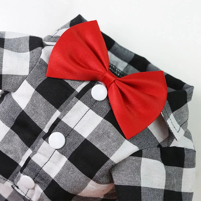 Plaid Pet Shirt with Bow Tie – Classic Summer T-Shirt for Small & Medium Dogs and Cats