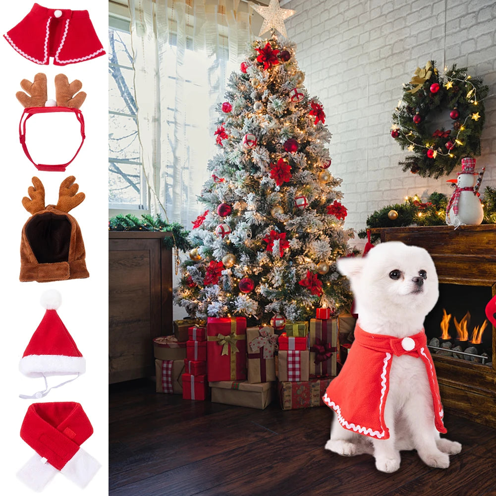 Pet Christmas Costume – Santa Hat & Scarf or Antler Headband Cape Set for Dogs & Cats