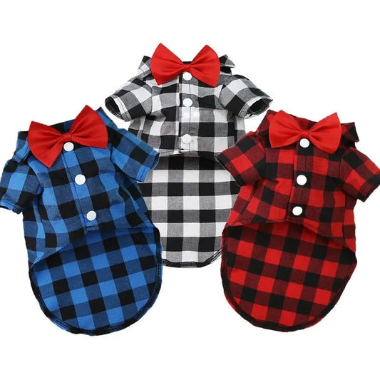 Plaid Bowtie Dog T-Shirt – Breathable Summer Vest for Small & Large Dogs, Cats, and Puppies