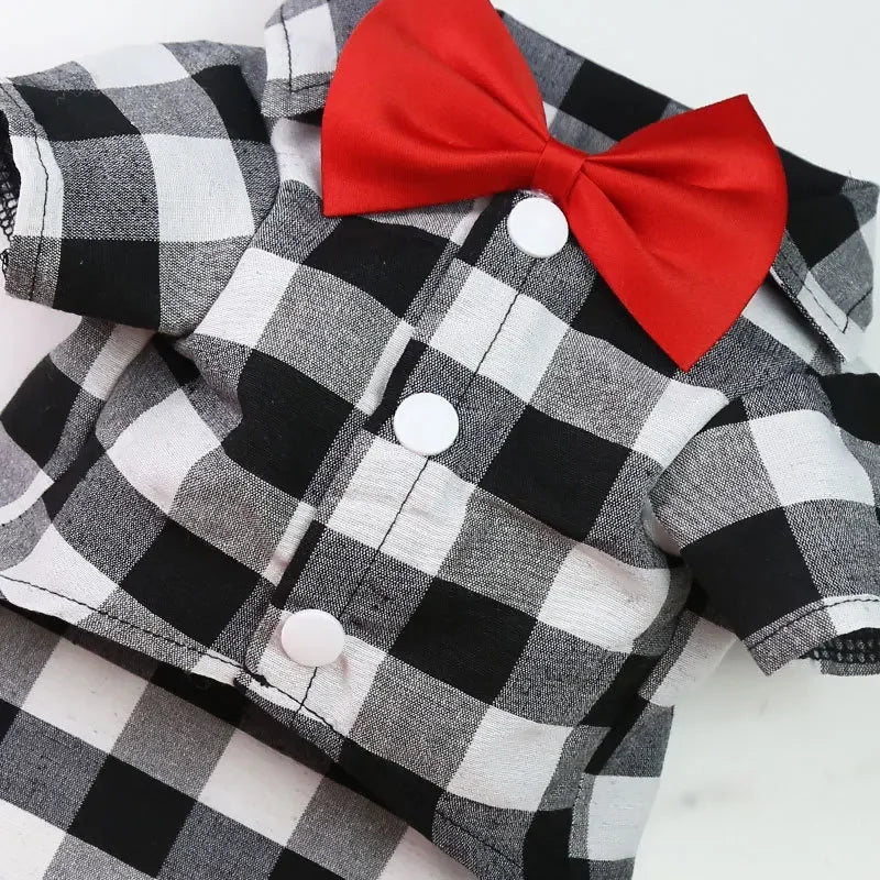 Plaid Pet Shirt with Bow Tie – Classic Summer T-Shirt for Small & Medium Dogs and Cats