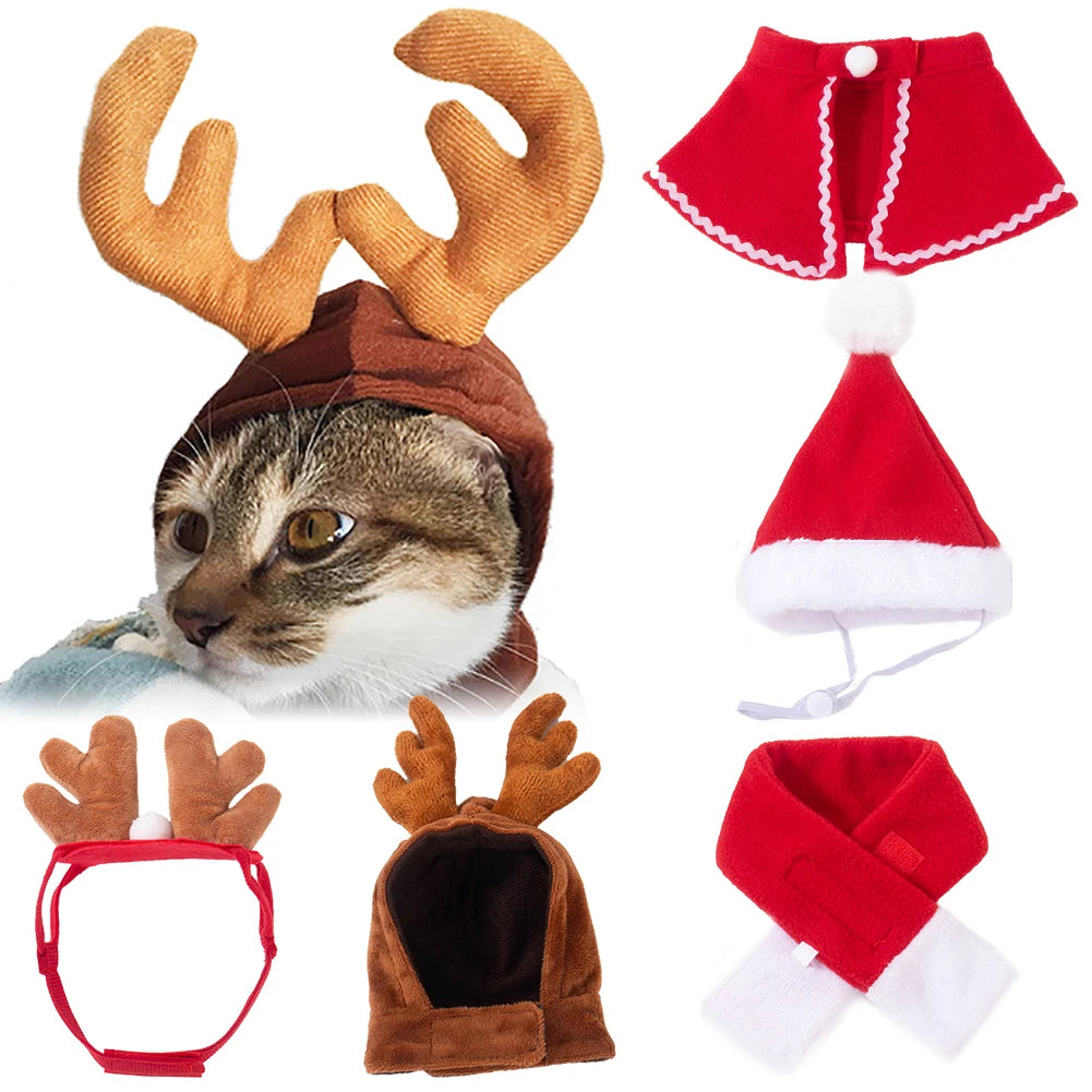Pet Christmas Costume – Santa Hat & Scarf or Antler Headband Cape Set for Dogs & Cats