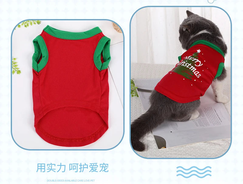 Merry Christmas Dog T-Shirt – Soft Cotton Vest for Small Dogs & Cats (Green, Red)