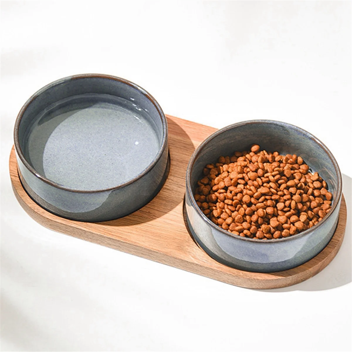 Elevated Ceramic Pet Bowls with Wooden Tray – Anti-Spill, Neck Protection, Easy to Clean Feeding Set