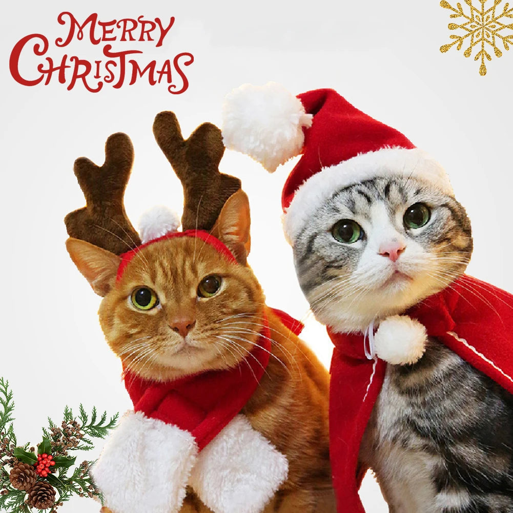 Pet Christmas Costume – Santa Hat & Scarf or Antler Headband Cape Set for Dogs & Cats