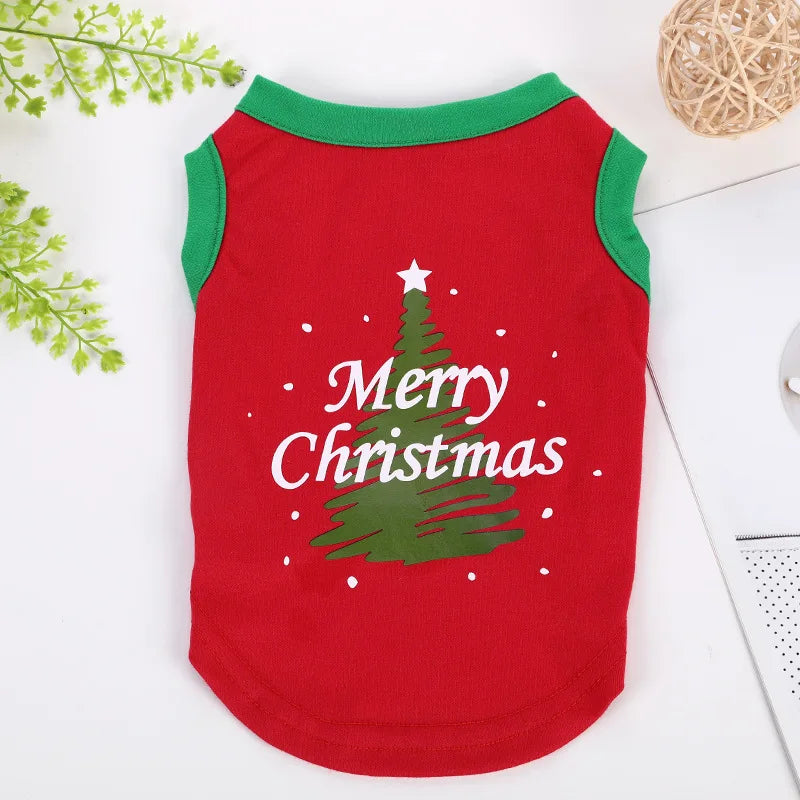 Merry Christmas Dog T-Shirt – Soft Cotton Vest for Small Dogs & Cats (Green, Red)