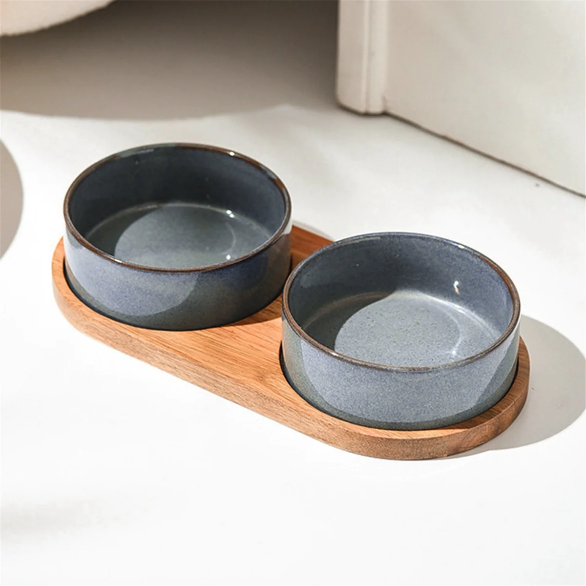 Elevated Ceramic Pet Bowls with Wooden Tray – Anti-Spill, Neck Protection, Easy to Clean Feeding Set