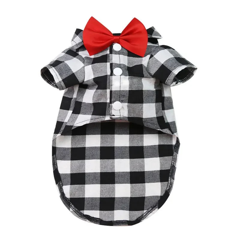Plaid Pet Shirt with Bow Tie – Classic Summer T-Shirt for Small & Medium Dogs and Cats