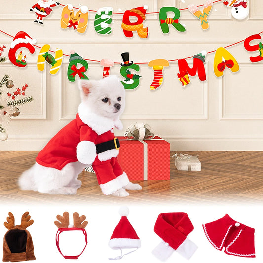 Pet Christmas Costume – Santa Hat & Scarf or Antler Headband Cape Set for Dogs & Cats