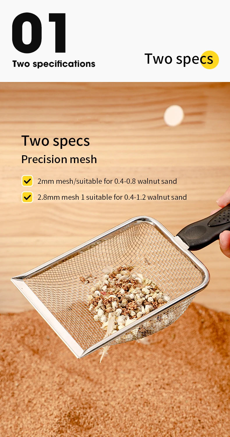 Stainless Steel Cat Litter Scoop – Fine Mesh Sifter for Reptile Sand & Pet Bedding Cleanup