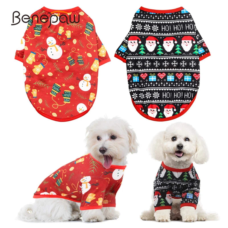 Benepaw Christmas Pet Shirt – Soft & Breathable Santa Claus Snowman Print for Small & Medium Pets