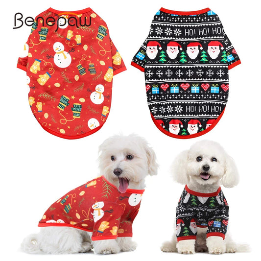 Benepaw Christmas Pet Shirt – Soft & Breathable Santa Claus Snowman Print for Small & Medium Pets