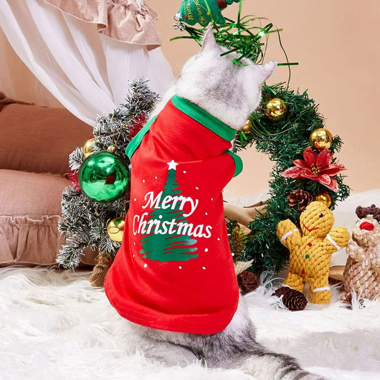 Merry Christmas Dog T-Shirt – Soft Cotton Vest for Small Dogs & Cats (Green, Red)
