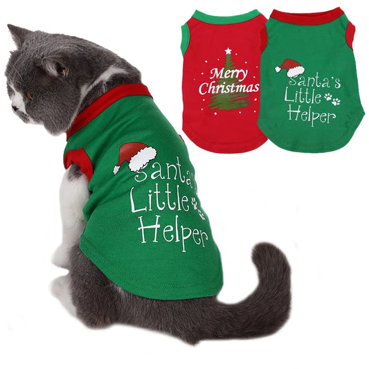 Merry Christmas Dog T-Shirt – Soft Cotton Vest for Small Dogs & Cats (Green, Red)