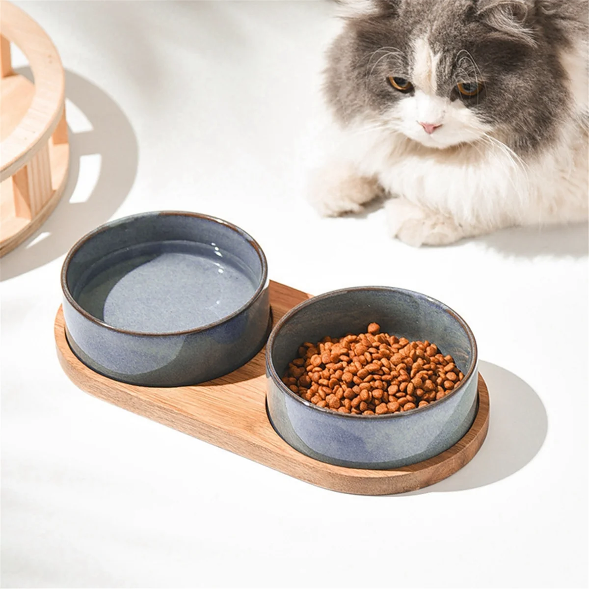 Elevated Ceramic Pet Bowls with Wooden Tray – Anti-Spill, Neck Protection, Easy to Clean Feeding Set