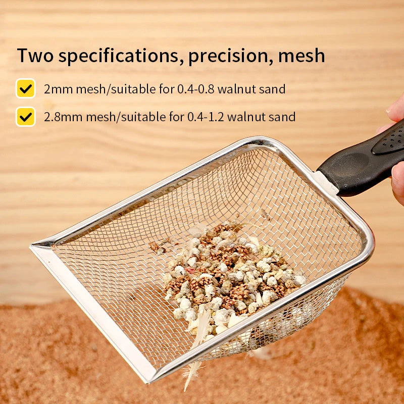 Stainless Steel Cat Litter Scoop – Fine Mesh Sifter for Reptile Sand & Pet Bedding Cleanup