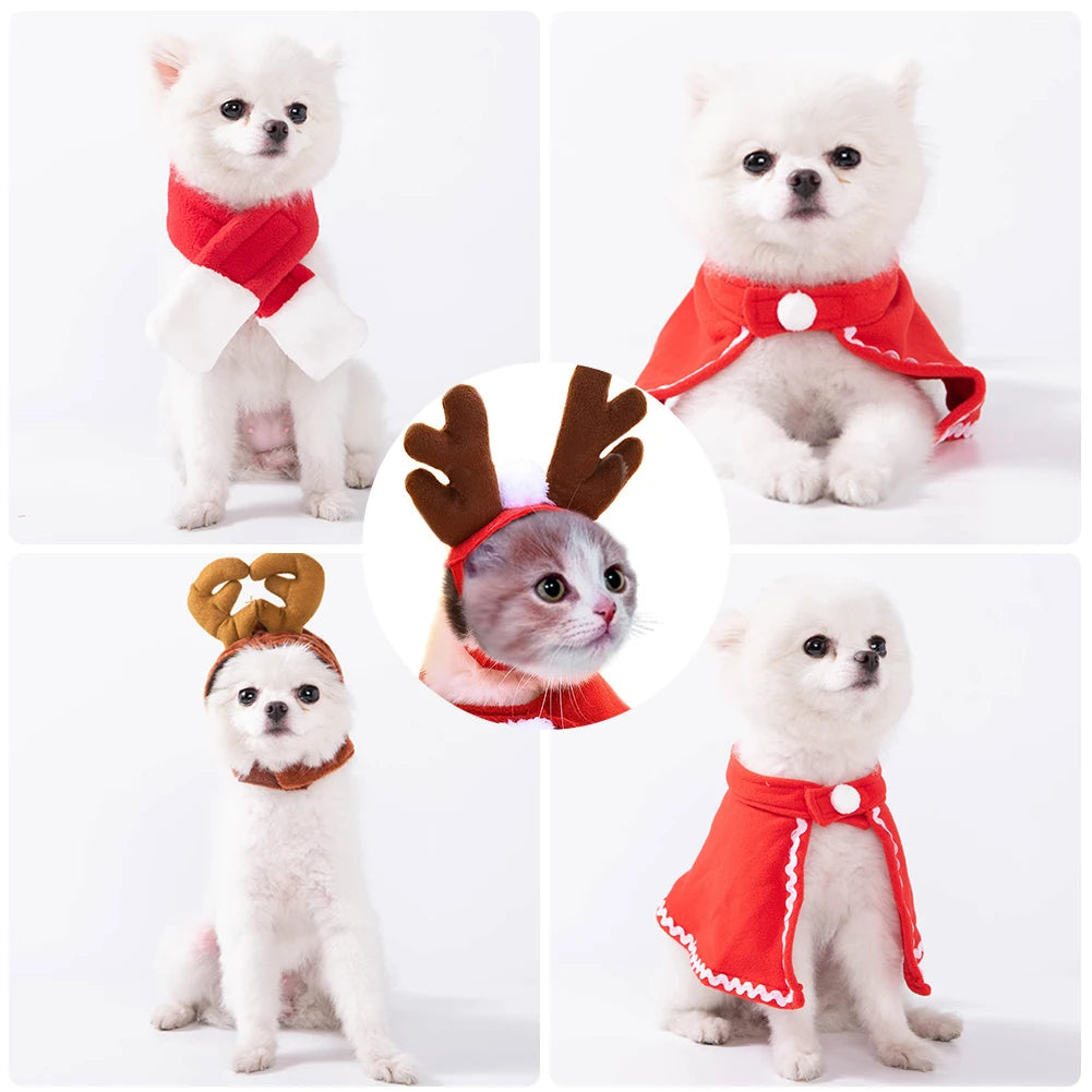 Pet Christmas Costume – Santa Hat & Scarf or Antler Headband Cape Set for Dogs & Cats