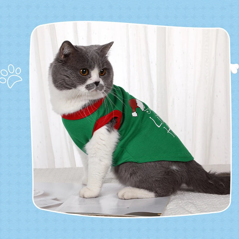 Merry Christmas Dog T-Shirt – Soft Cotton Vest for Small Dogs & Cats (Green, Red)