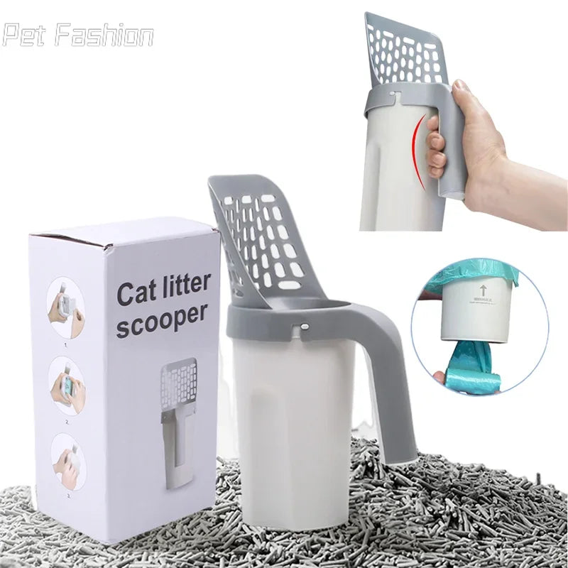 Self-Cleaning Cat Litter Scoop – High-Capacity Shovel with Hollow Grid & Garbage Bag Holder