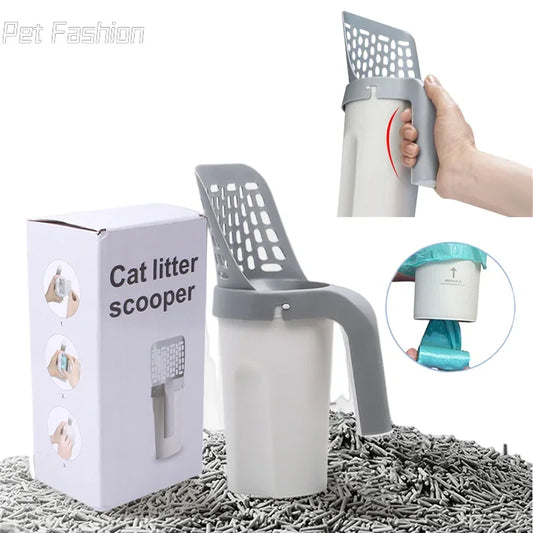 Self-Cleaning Cat Litter Scoop – High-Capacity Shovel with Hollow Grid & Garbage Bag Holder